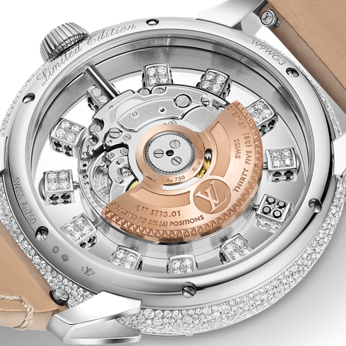 Montre Tambour Spin Time Air, Automatique, 42,5 mm, or blanc, œil de faucon et diamants in Montres's Toutes les montres } collections by Louis Vuitton (Zoom produit)