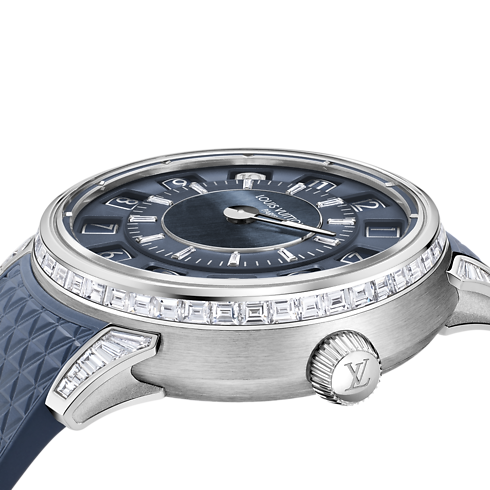 Montre Tambour Spin Time, Automatique, 39,5 mm, or blanc, œil de faucon et diamants in Montres's Toutes les montres } collections by Louis Vuitton (Zoom produit)