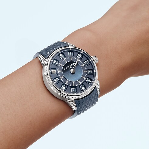 Montre Tambour Spin Time, Automatique, 39,5 mm, or blanc, œil de faucon et diamants in Montres's Toutes les montres } collections by Louis Vuitton (Zoom produit)