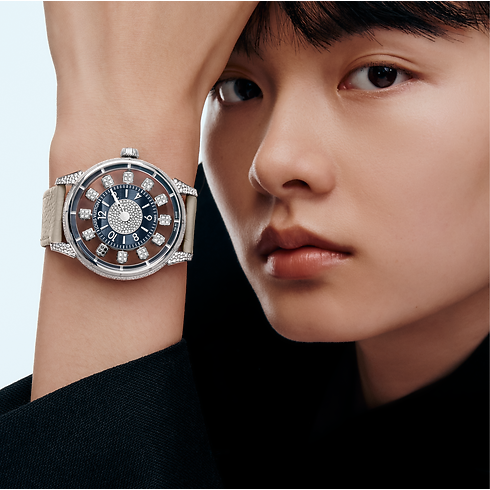 Tambour Spin Time Air, Automatikuhrwerk, 42,5 mm, Weissgold, Falkenauge und Diamanten Detailansicht