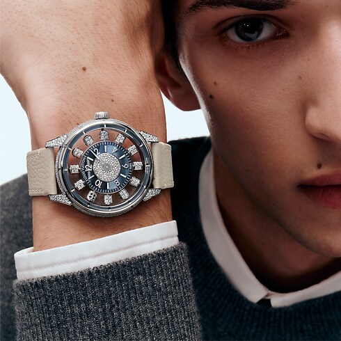 Tambour Spin Time Air, Automatikuhrwerk, 42,5 mm, Weissgold, Falkenauge und Diamanten Innenansicht
