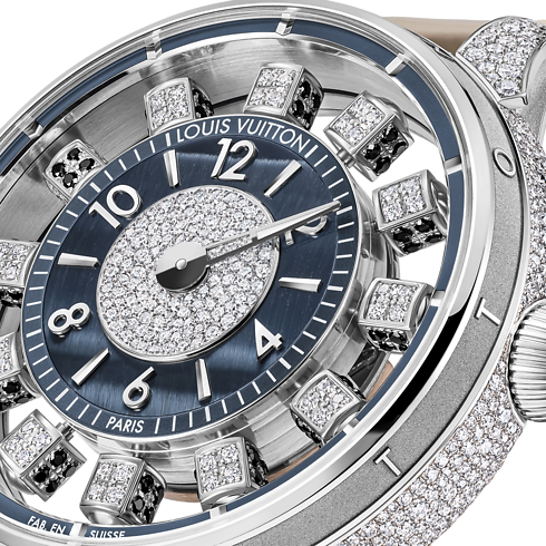 Tambour Spin Time Air, Automatikuhrwerk, 42,5 mm, Weissgold, Falkenauge und Diamanten Seitenansicht