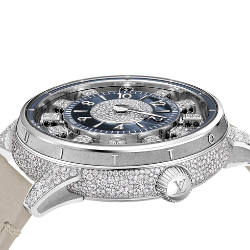 Tambour Spin Time Air, Automatikuhrwerk, 42,5 mm, Weissgold, Falkenauge und Diamanten in Uhren's Alle Uhren } collections by Louis Vuitton (Zoom)