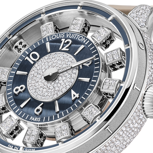 Tambour Spin Time Air, Automatikuhrwerk, 42,5 mm, Weissgold, Falkenauge und Diamanten in Uhren's Alle Uhren } collections by Louis Vuitton (Zoom)