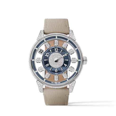 Tambour Spin Time Air, Automatikuhrwerk, 42,5 mm, Weissgold, Falkenauge und Diamanten in Uhren's Alle Uhren } collections by Louis Vuitton (Zoom)