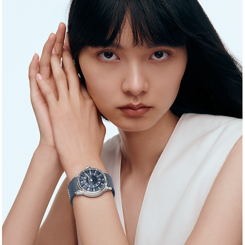 Tambour Spin Time, Automatikuhrwerk, 39,5 mm, Weissgold, Falkenauge und Diamanten in Uhren's Alle Uhren } collections by Louis Vuitton (Zoom)