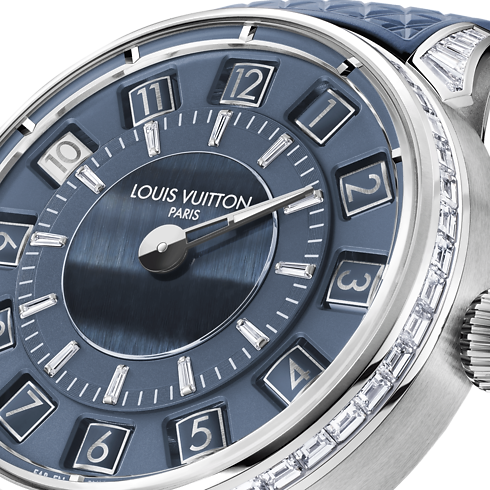 Tambour Spin Time, Automatikuhrwerk, 39,5 mm, Weissgold, Falkenauge und Diamanten in Uhren's Alle Uhren } collections by Louis Vuitton (Zoom)