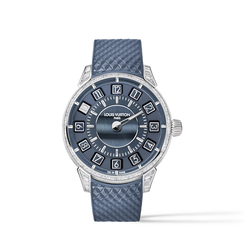 Tambour Spin Time, Automatikuhrwerk, 39,5 mm, Weissgold, Falkenauge und Diamanten in Uhren's Alle Uhren } collections by Louis Vuitton (Zoom)